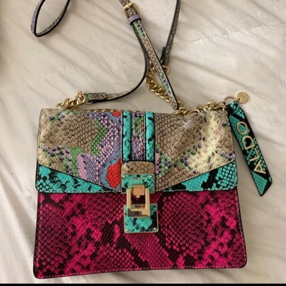 ALDO Gorgeous Bright Multi-Color/Gold Snakeskin Embossed Crossbody Bag EXC